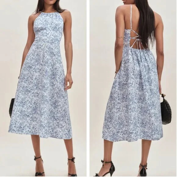 Reformation | Dresses | New Reformation Yuliy Linen Midi Dress Sz2 Chloe  Blue Ivory Floral Wedding | Poshmark